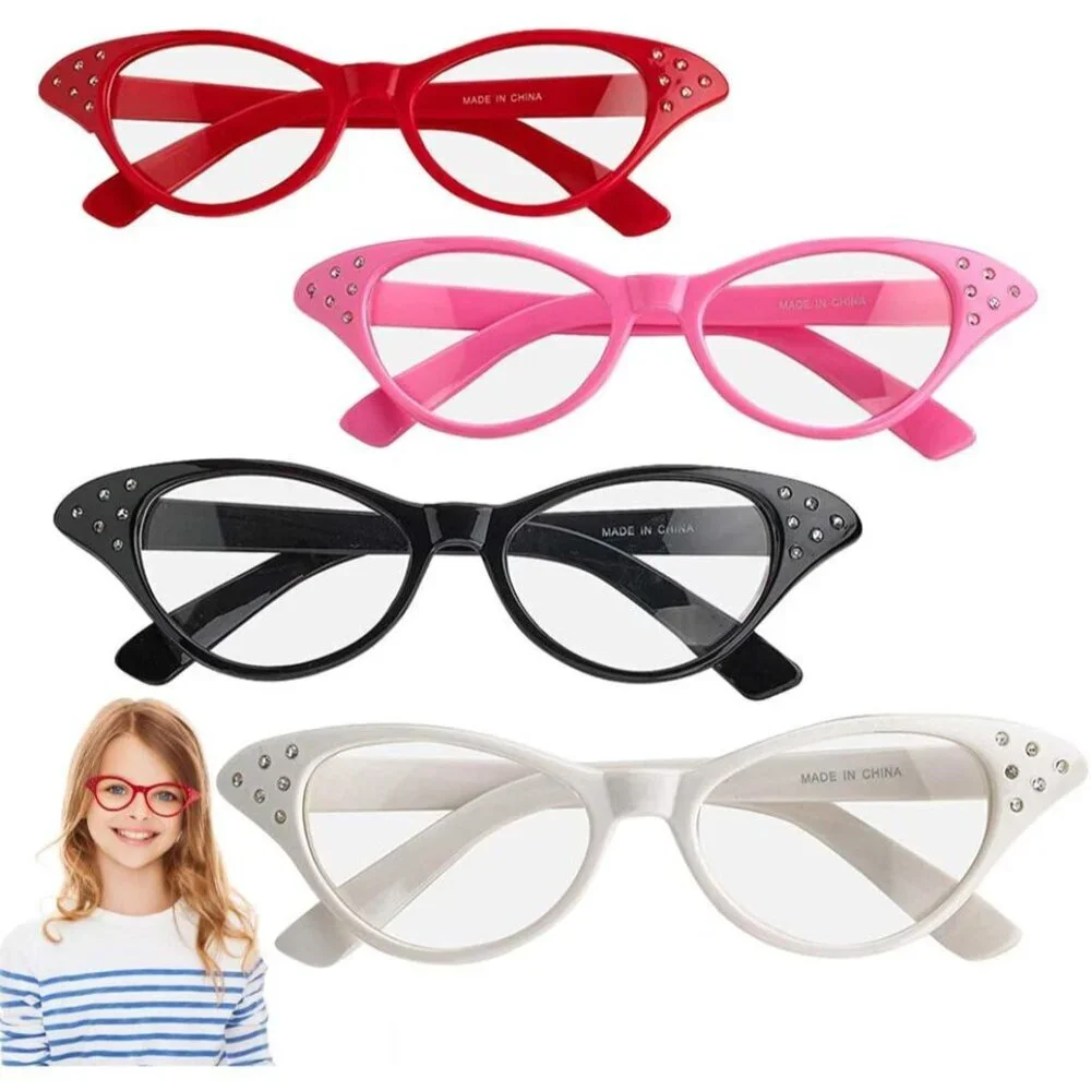Retro Cat Eye Glasses Rhinestones Pack of 4 Vintage Costume Eyewear for Women Ki
